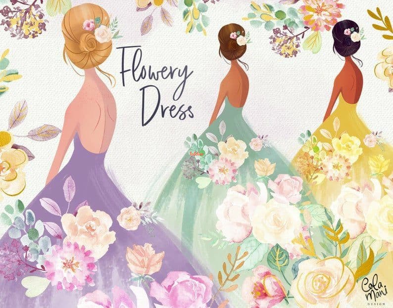 Flowery dress fashion watercolor clipart