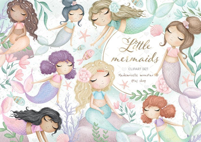 Little Mermaids Watercolor Clipart