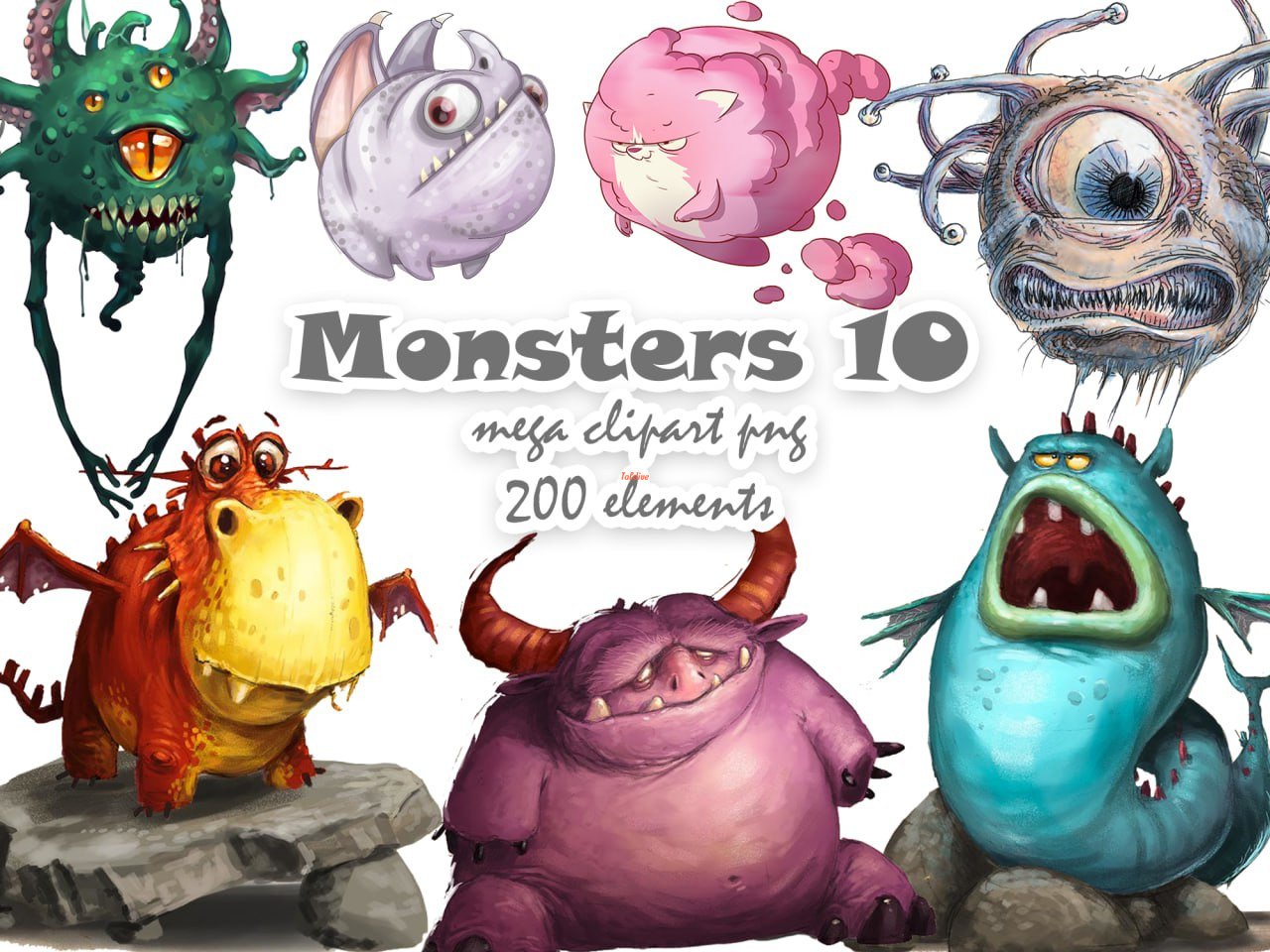 Monsters mega 10 Watercolor Clipart