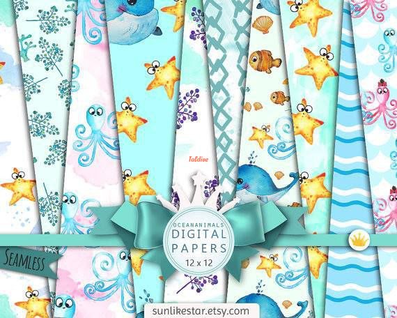 Ocean-Sea Animals Digital Papers & Clipart