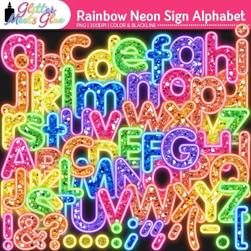 Rainbow Neon Glitter Sign Alphabet ClipArt