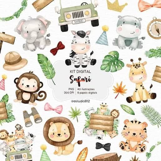 Wildlife Safari Travel Watercolor Clip art Bundle