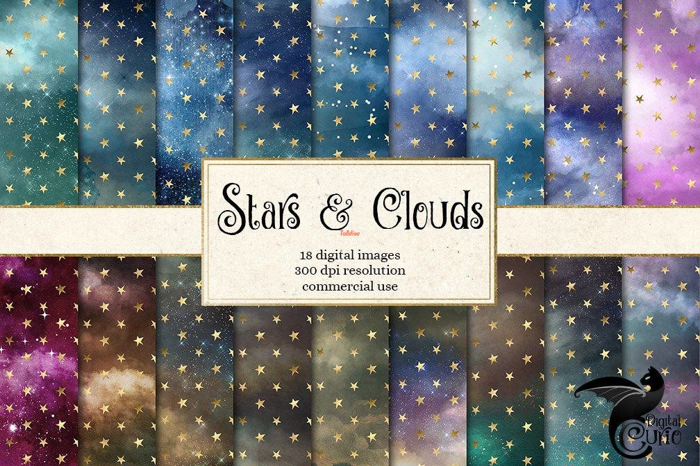 Stars and Clouds Skies Seamless Pattern Papers