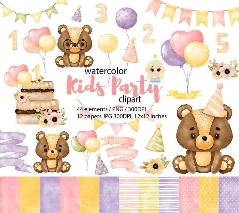 Bear girl birthday Watercolor Clipart Bundle