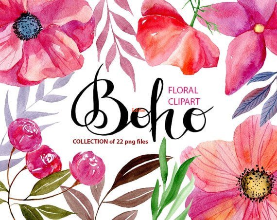 Boho Floral Watercolor Clipart