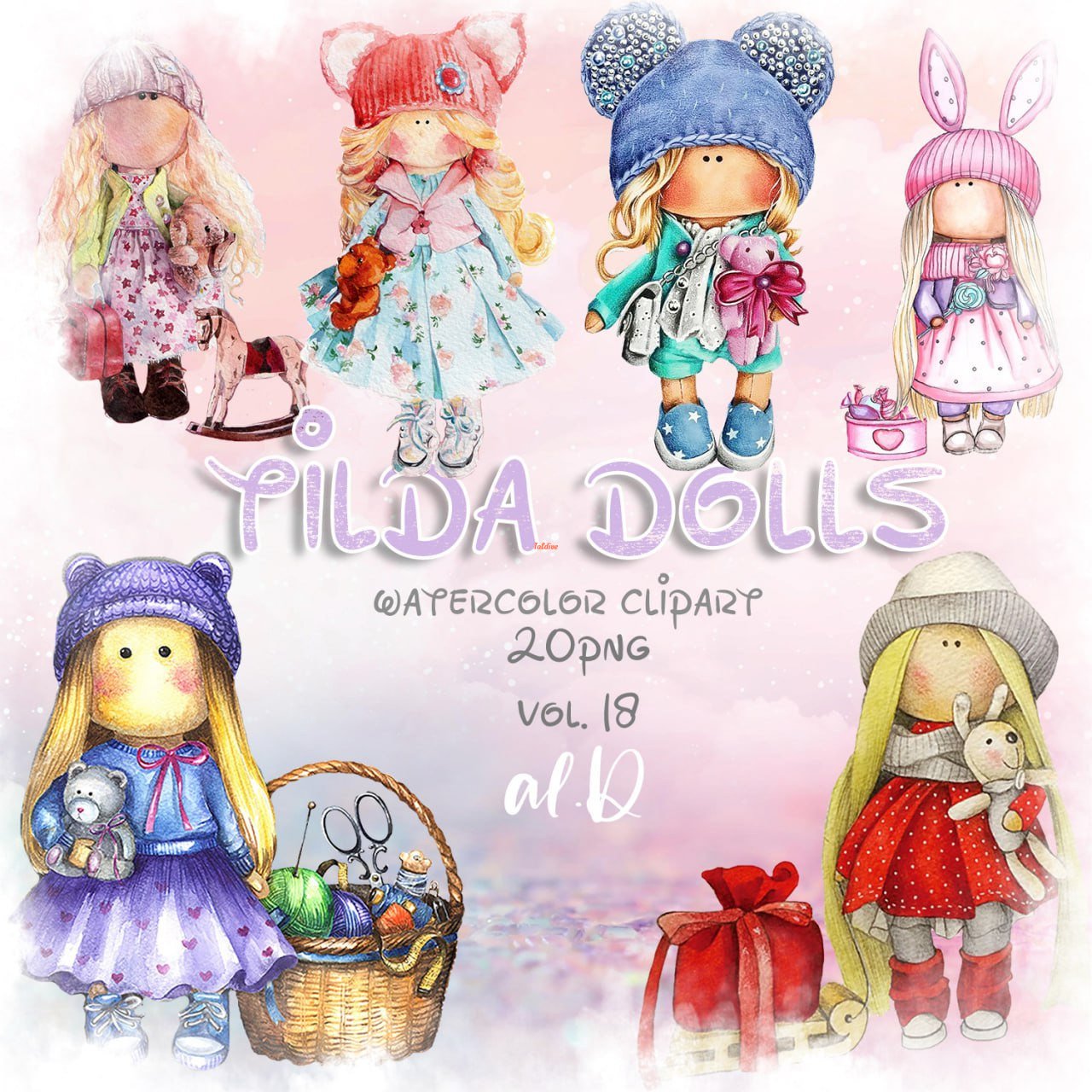 Cute Tilda Dolls Clipart Set V18