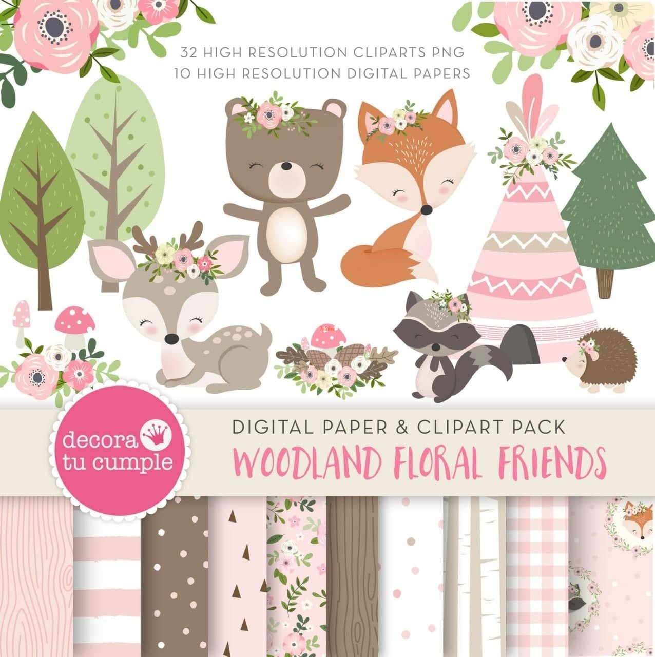 WOODLAND FLORAL FRIENDS CLIPART