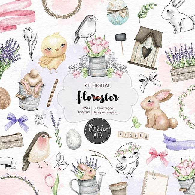 Florescer Flowers and Animals Watercolor Clipart