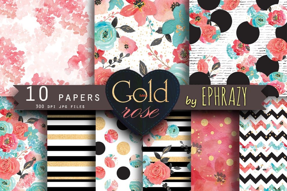 Gold Rose Printable Papers Set