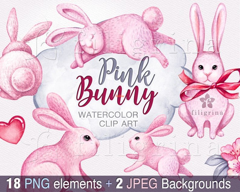 Pink Bunny Watercolor Clipart