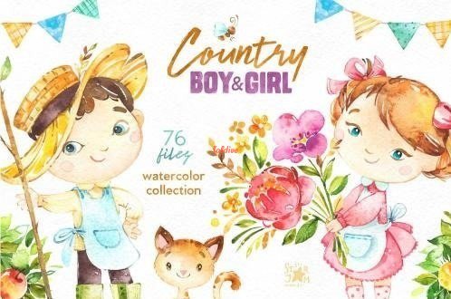 Country Boy and Girl Watercolor Clipart