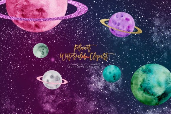 Watercolor Solar System Clipart Planets