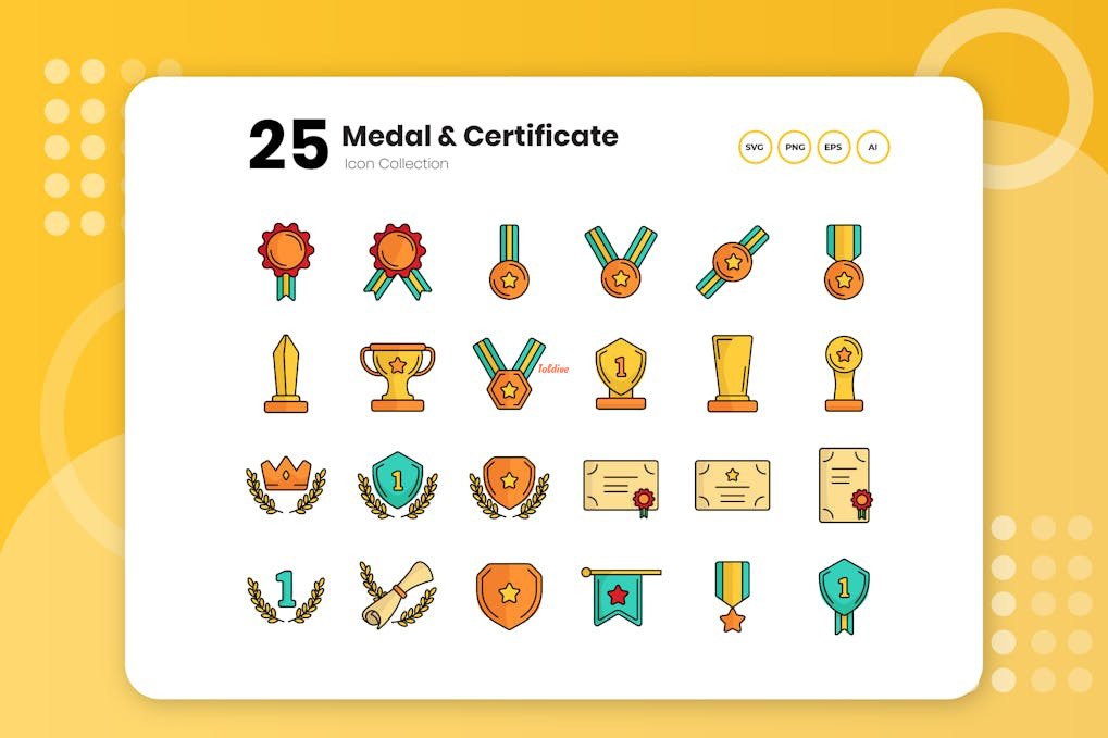 25 Medal & Certificate Flat Icon Set