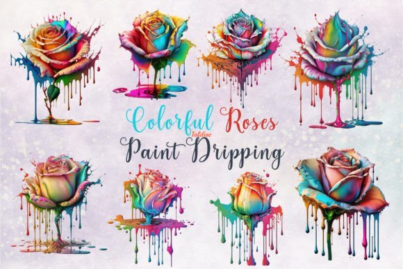 Colorful Paint Dripping Roses Watercolor Clipart