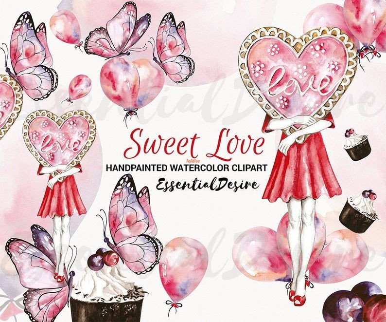 Sweet Love pink Butterflies Watercolor Clipart