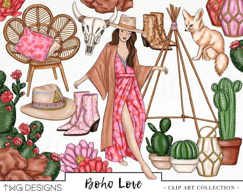 Western Boho Fashion Watercolor Clipart