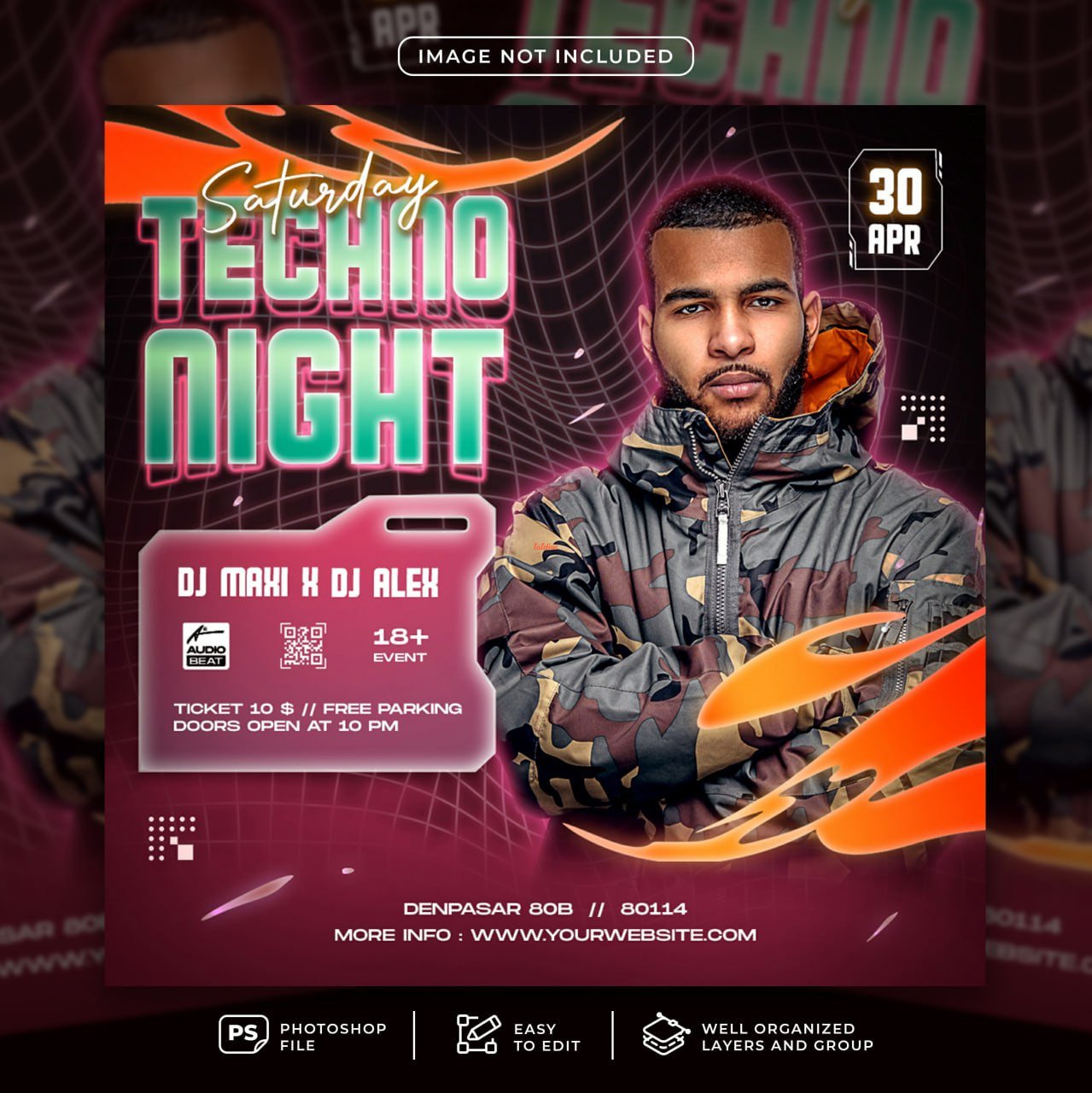 Techno night party flyer social media post